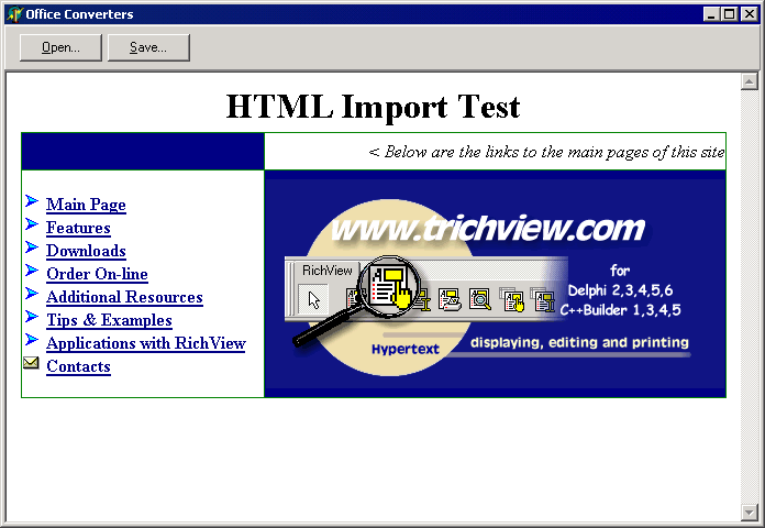 Экран демонстрационного примера для конвертеров MS Office.
Вы видите файл HTML, прочитанный конвертером Экран демонстрационного примера для конвертеров MS Office